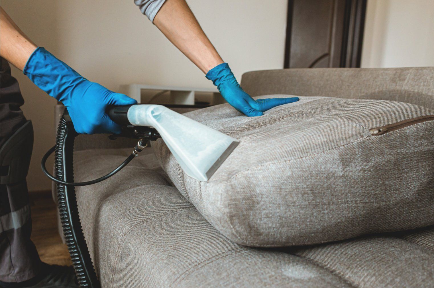 Person steam-cleans a gray sofa with a blue-gloved hand and vacuum hose