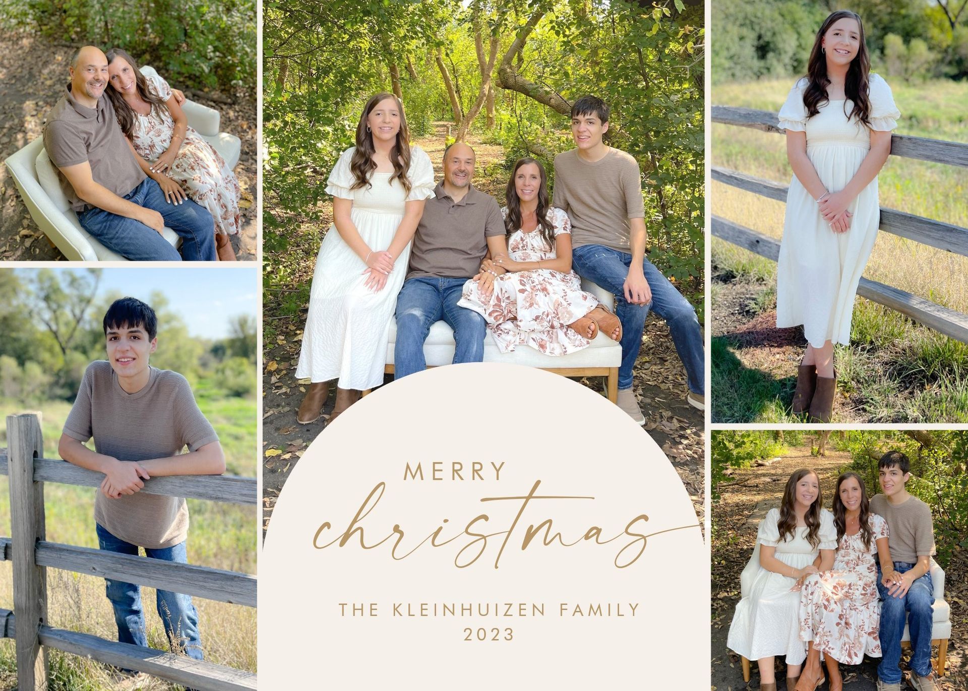 Christmas Card with 5 photos of the family. Wording says Merry Christmas The Kleinhuizen Family 2023 in gold writing on a cream background. Photos are of the family in the center. the kids on the top to coners. Randy and Amy on the top left corner and Amy with her two kids on the bottom right.