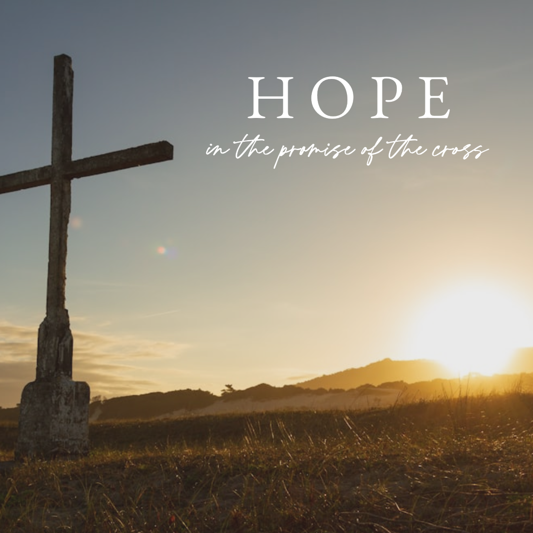 Photo of a cross on a hill with the sun setting - words HOPE in the promise of the cross in white are written on it.