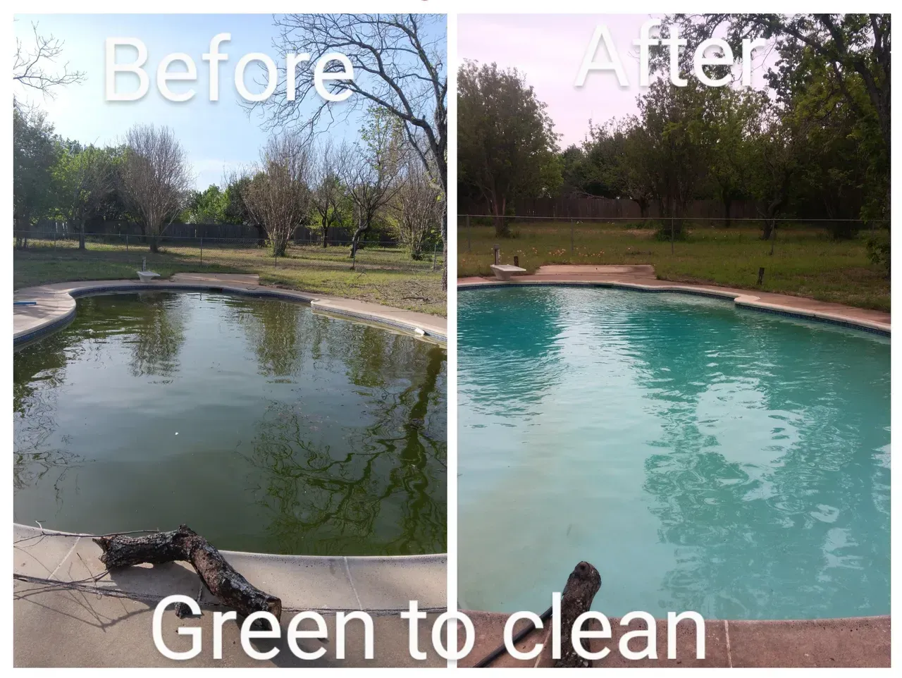 A before and after picture of a swimming pool that is green to clean