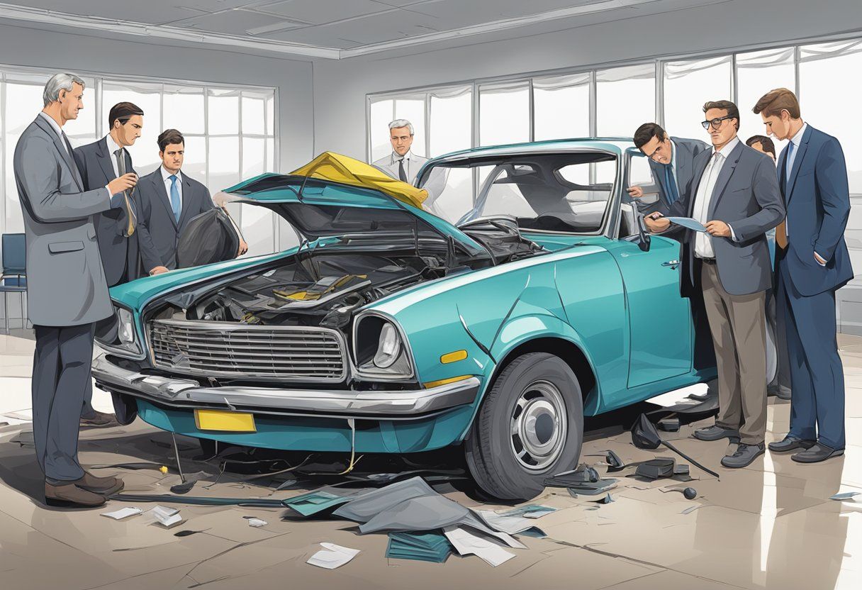 A group of men are standing around a blue car with the hood open.