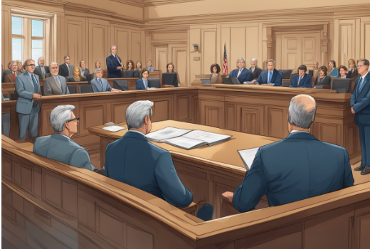 A group of people are sitting in a courtroom.