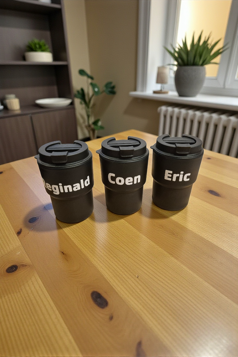 Op een tafel, voor een espressomachine, staan vier koffiemokken met deksels en een etiket erop.