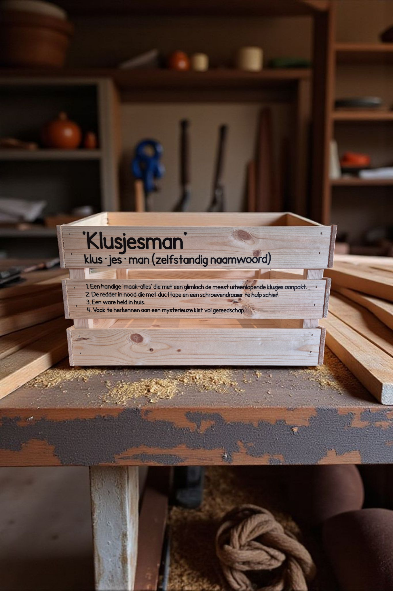 Houten kist met opschrift 