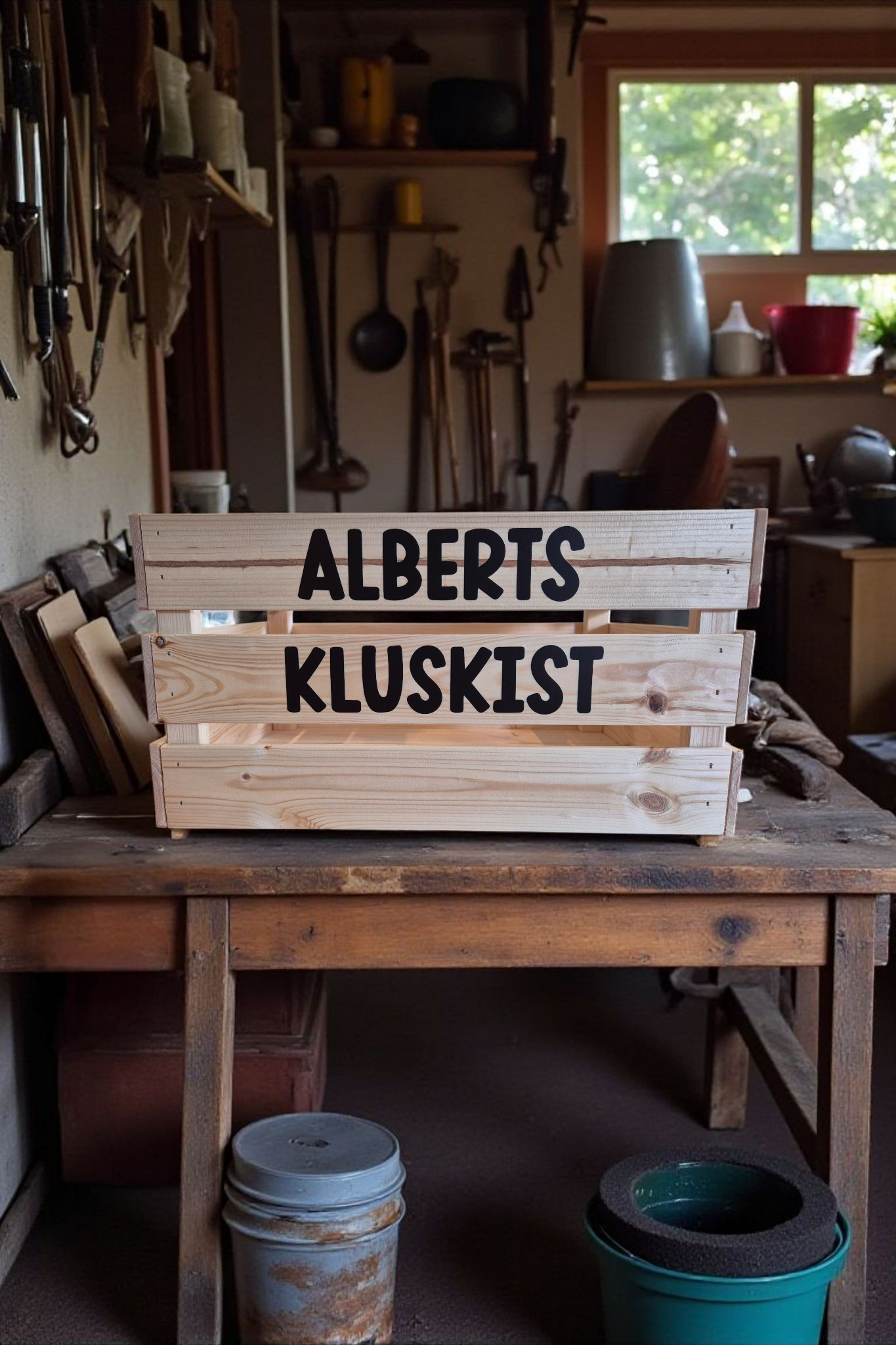 Houten kist met opschrift 