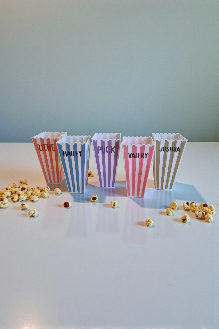 Vijf gestreepte popcornbakjes met namen erop, popcornkorrels verspreid over een witte ondergrond.