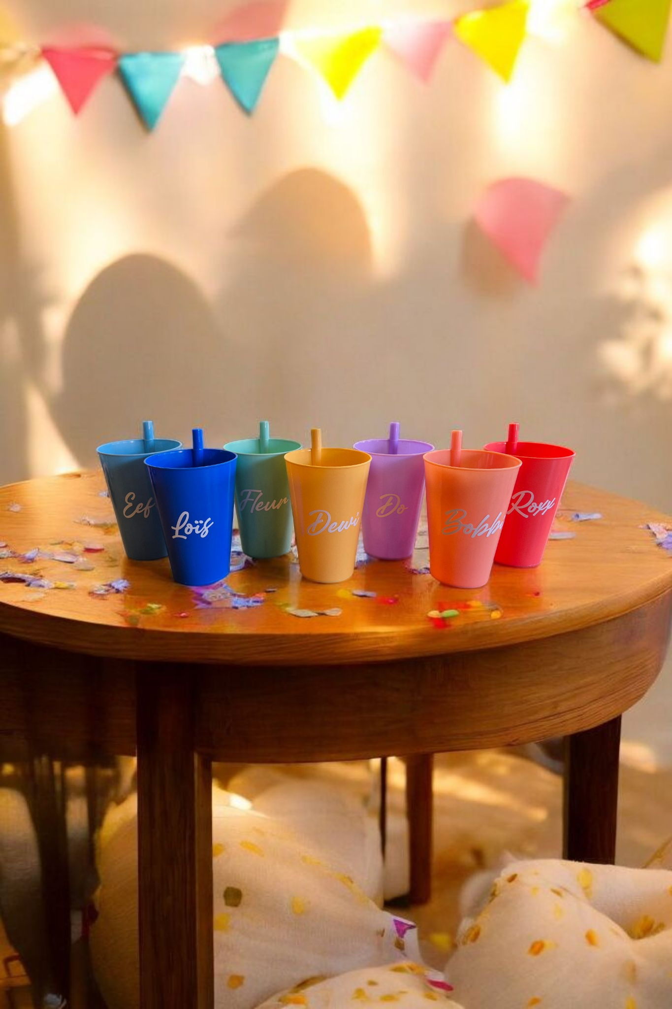 Kleurrijke bekers met rietjes op een ronde houten tafel, feestelijke setting met confetti en slingers.