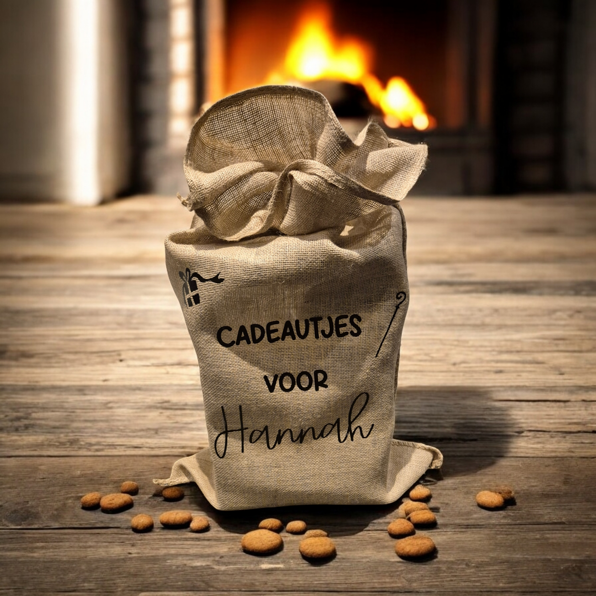 Cadeautasje van jute op een houten ondergrond, met de tekst