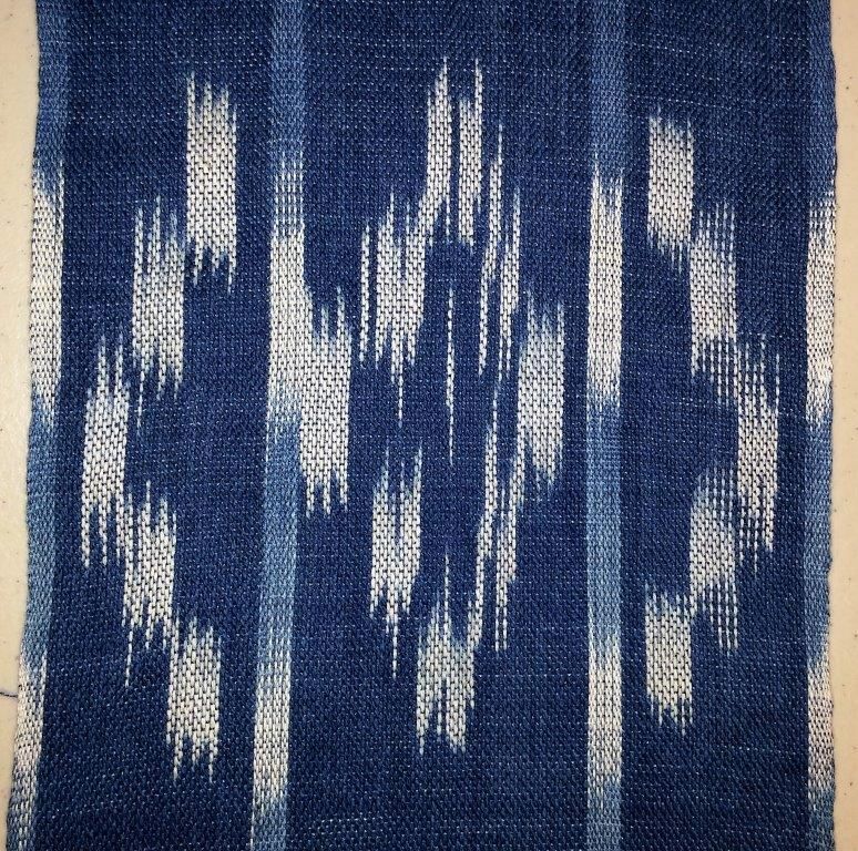 A close up of a blue and white fabric with a pattern