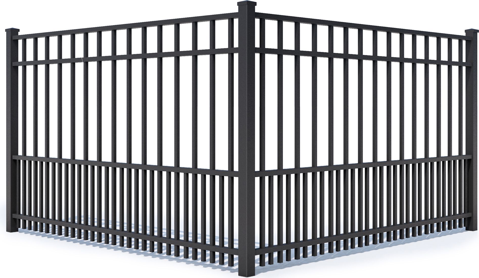 A corner section of a black metal fence with vertical bars and a mid-rail support.