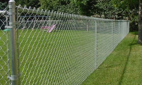A tall, silver chain-link fence encloses a green grassy yard with a small play structure in the background.