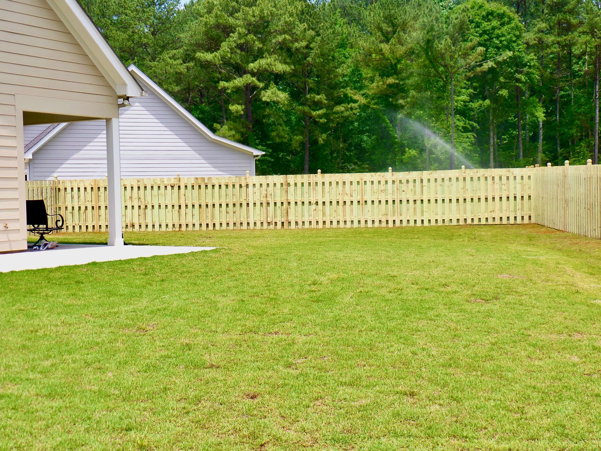 A grassy backyard with a tan patio, a wood privacy fence, and green trees in the background under a bright sky.