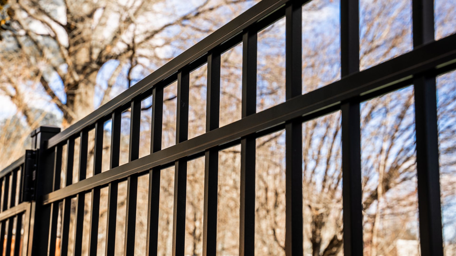 A close-up, angled view of a black metal picket fence set against a backdrop of blurred bare trees and a bright sky.
