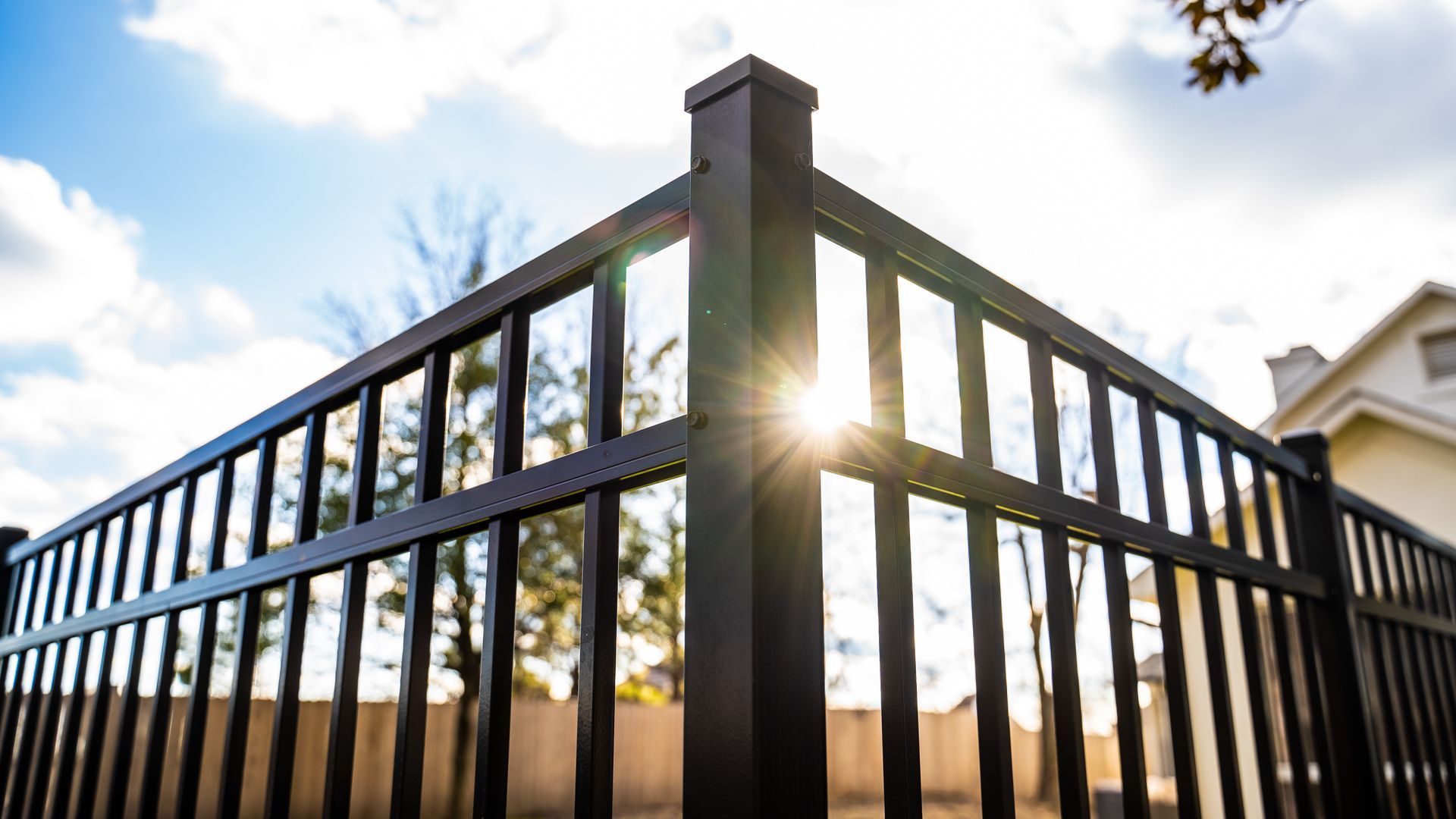 A black metal fence forms a corner, with sunlight glowing through the bars against a bright sky.