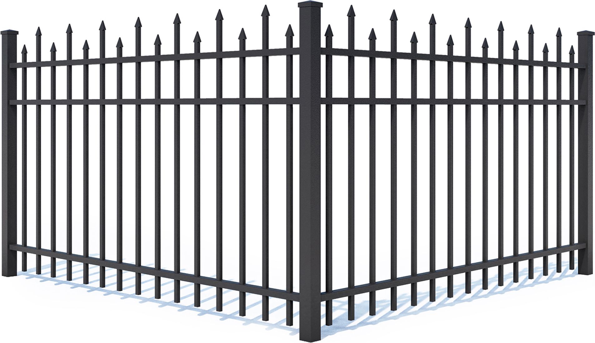 A dark grey metal fence with vertical spiked pickets meeting at a corner post on a white background.