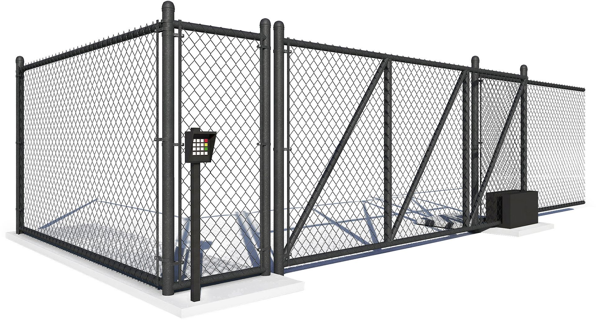 A black chain-link fence system featuring a secure gate with a keypad entry and a mechanical sliding motor.