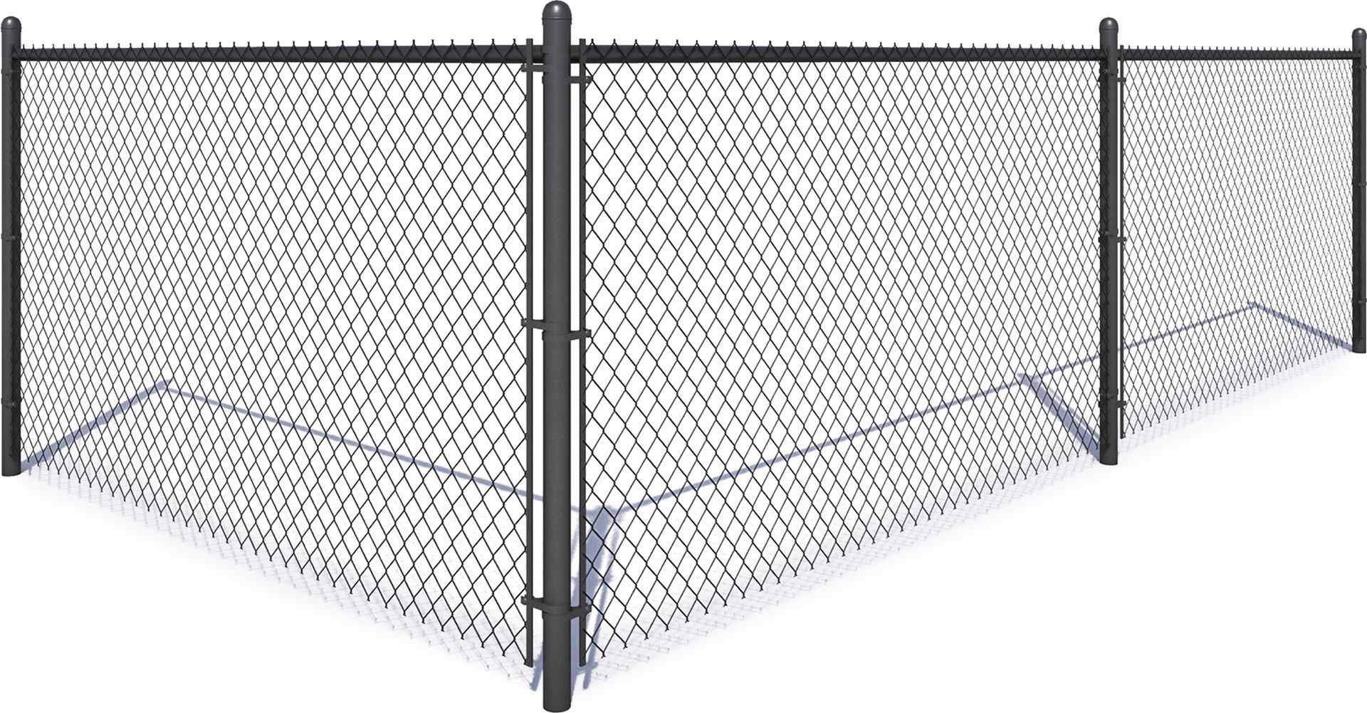 A black chain-link fence shown at a corner angle, consisting of three vertical posts and mesh wire panels.