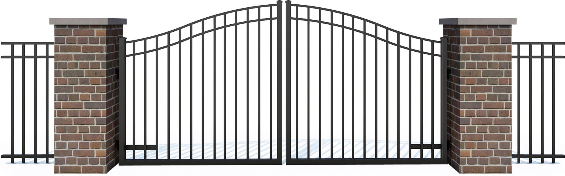 A black metal gate with an arched top, flanked by two square brick pillars and sections of black metal fencing.