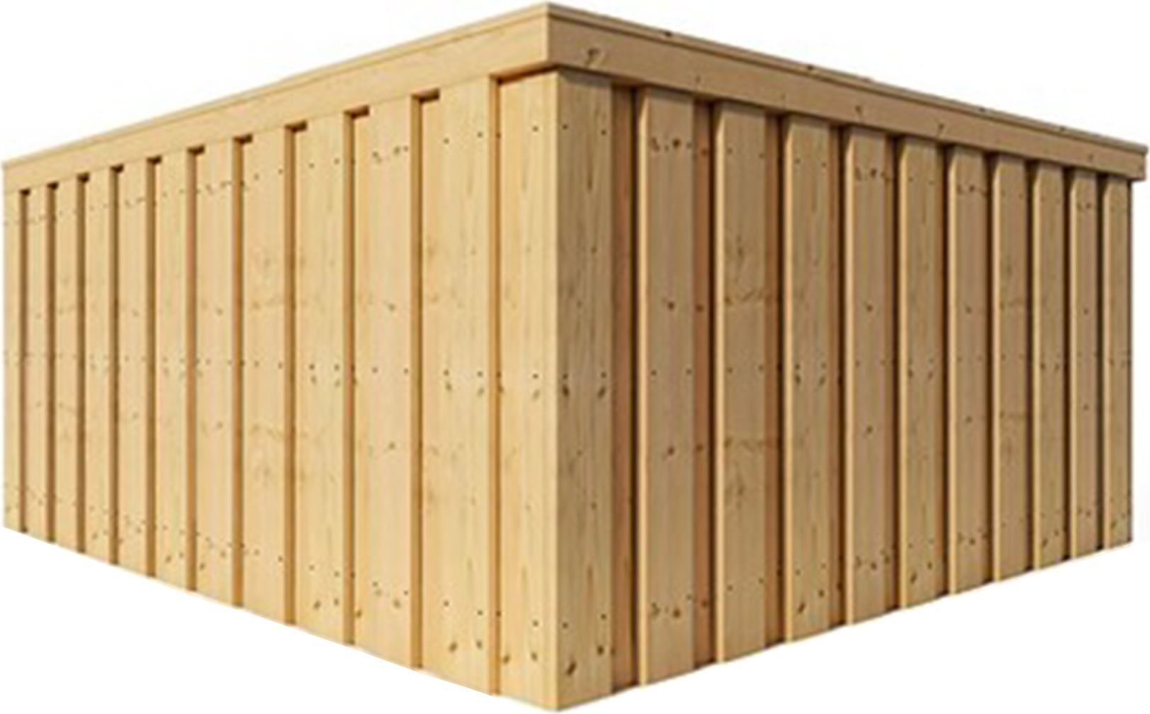 A corner section of a light-colored wood board-and-batten fence with a matching top trim.