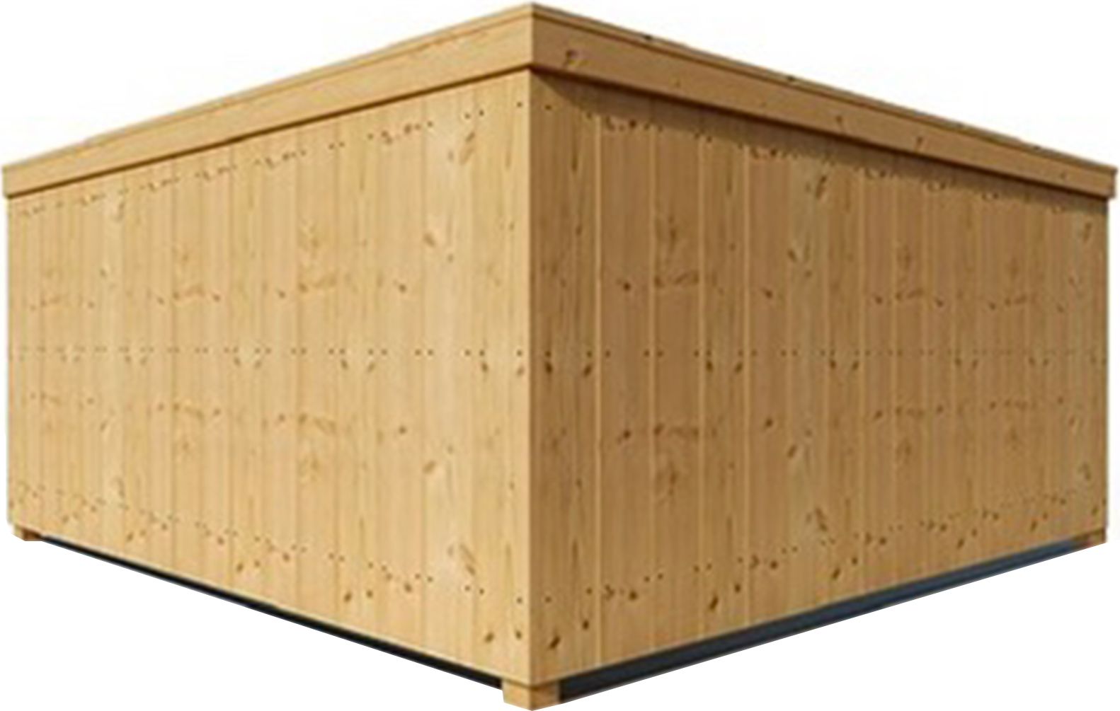 A wooden corner structure with vertical paneling and a flat overhanging roof on a white background.