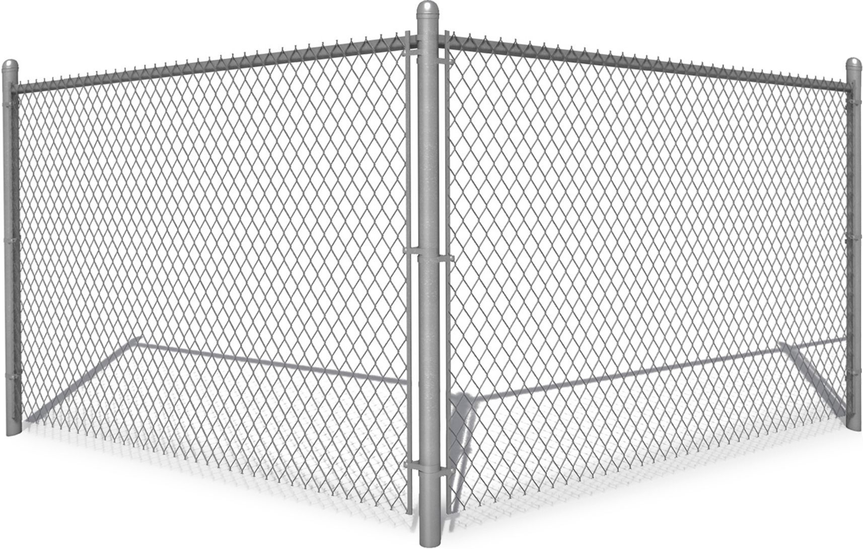A corner section of a silver chain-link fence with metal posts and support braces on a white background.