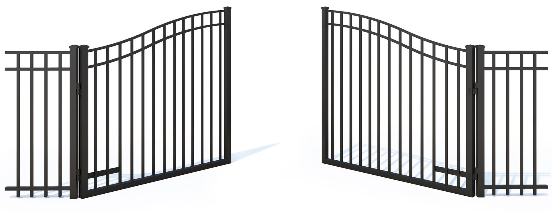 A pair of black metal driveway gates with arched tops, standing open against a white background.