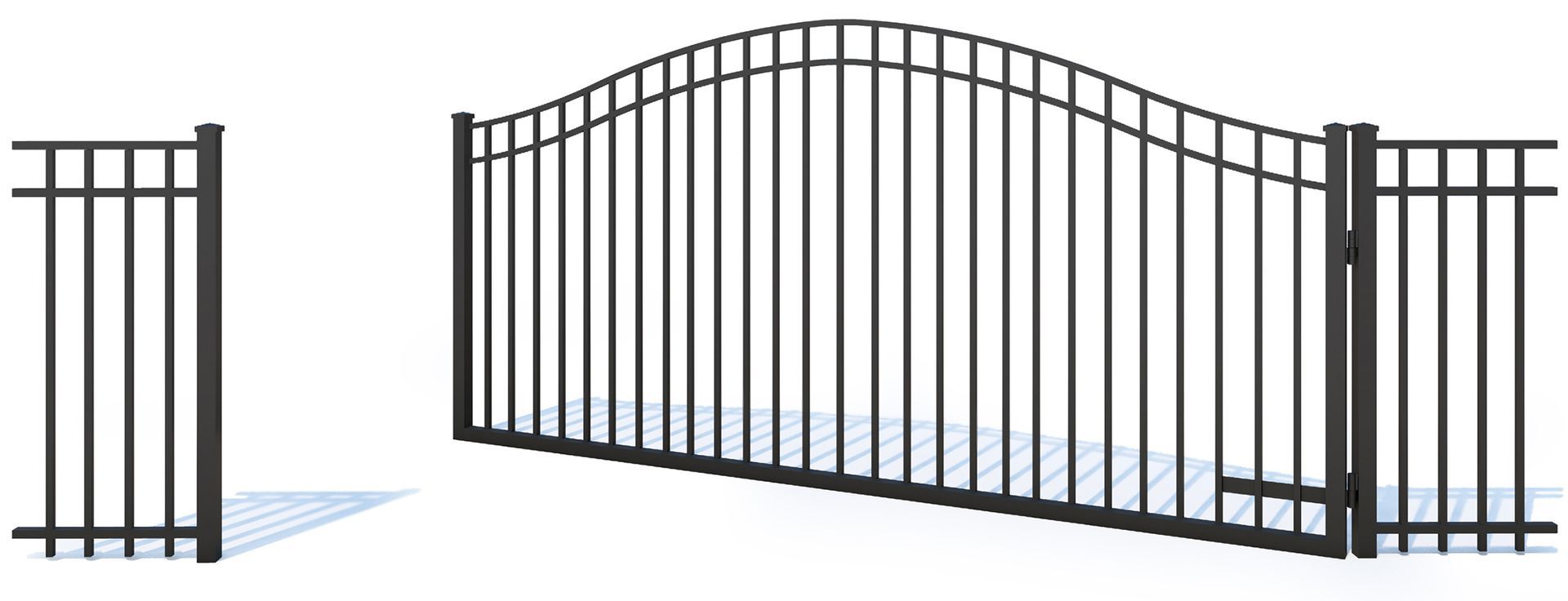 A black metal driveway gate with an arched top, set between sections of matching picket fencing.