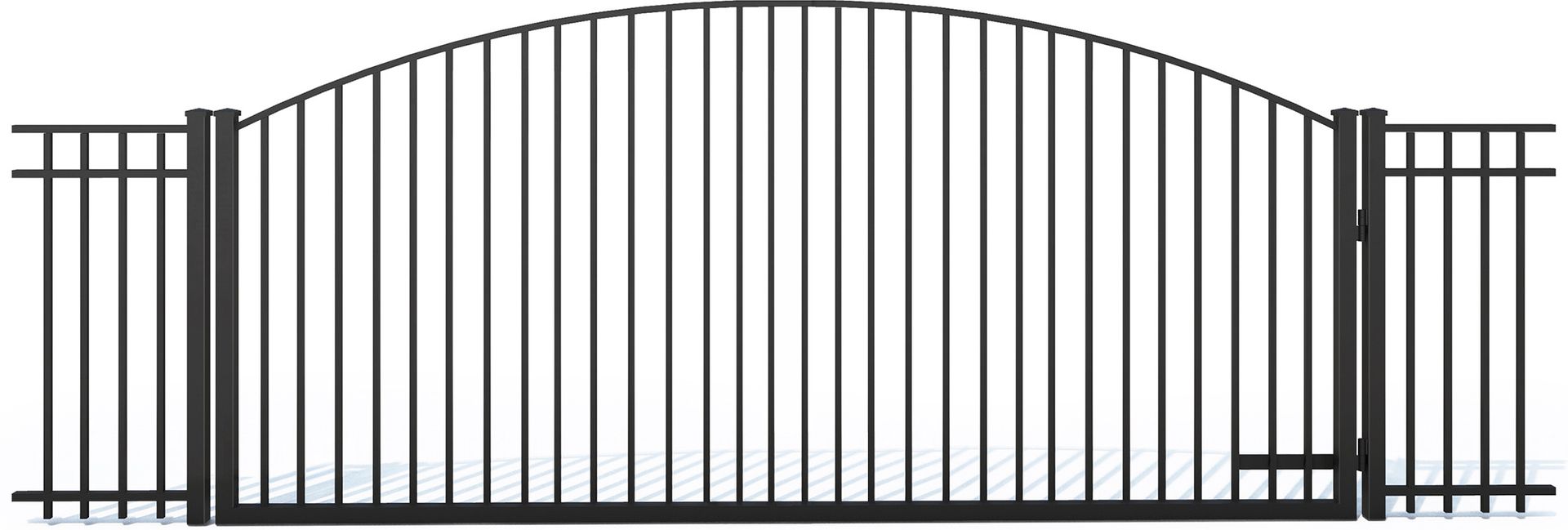 A black arched metal driveway gate with vertical pickets between two matching fence sections.