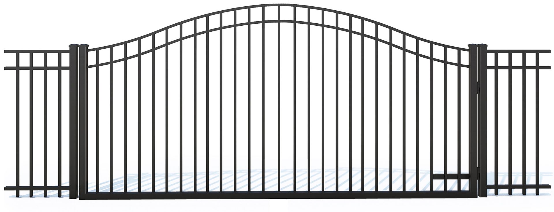 A black, metal arched driveway gate with vertical bars, flanked by two matching fence sections.