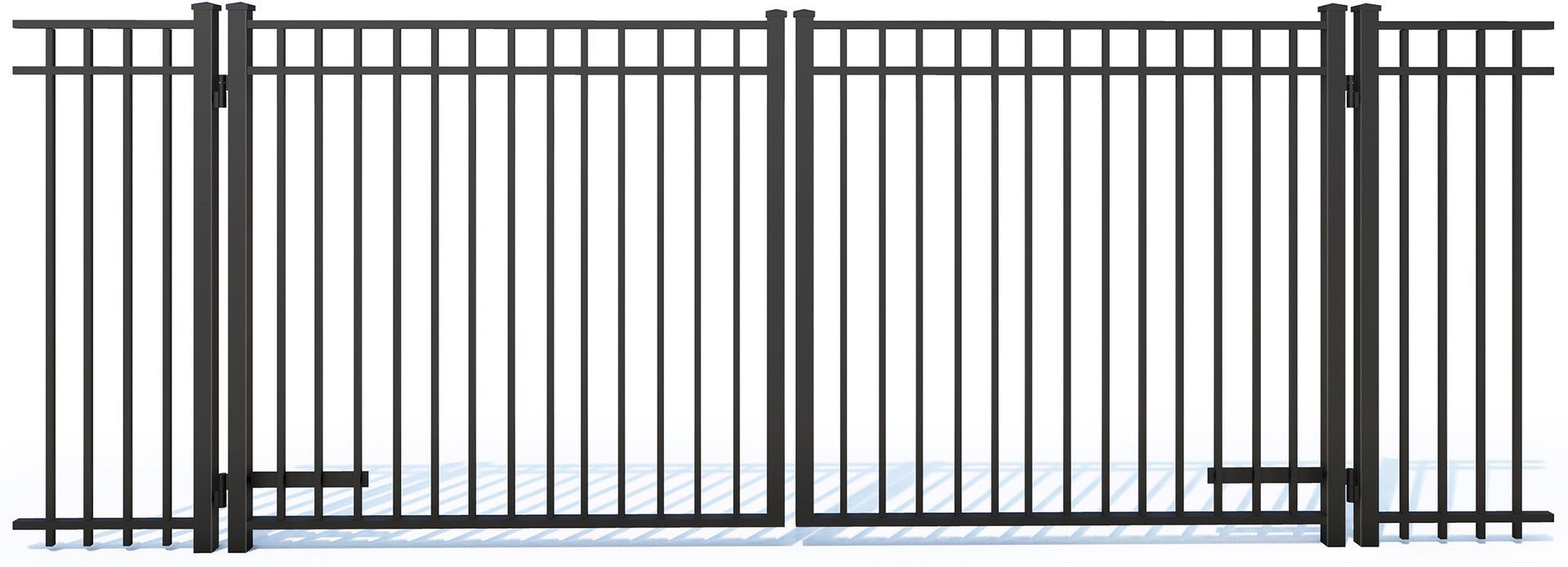 Black double-gate fence featuring vertical metal pickets, mounted on four posts against a white background.