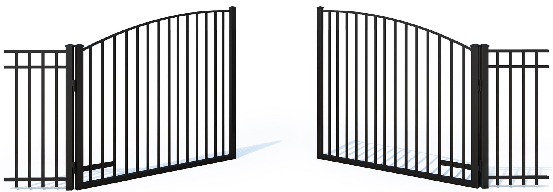 A double-swing, arched black metal driveway gate stands slightly open, connected to matching fence panels.