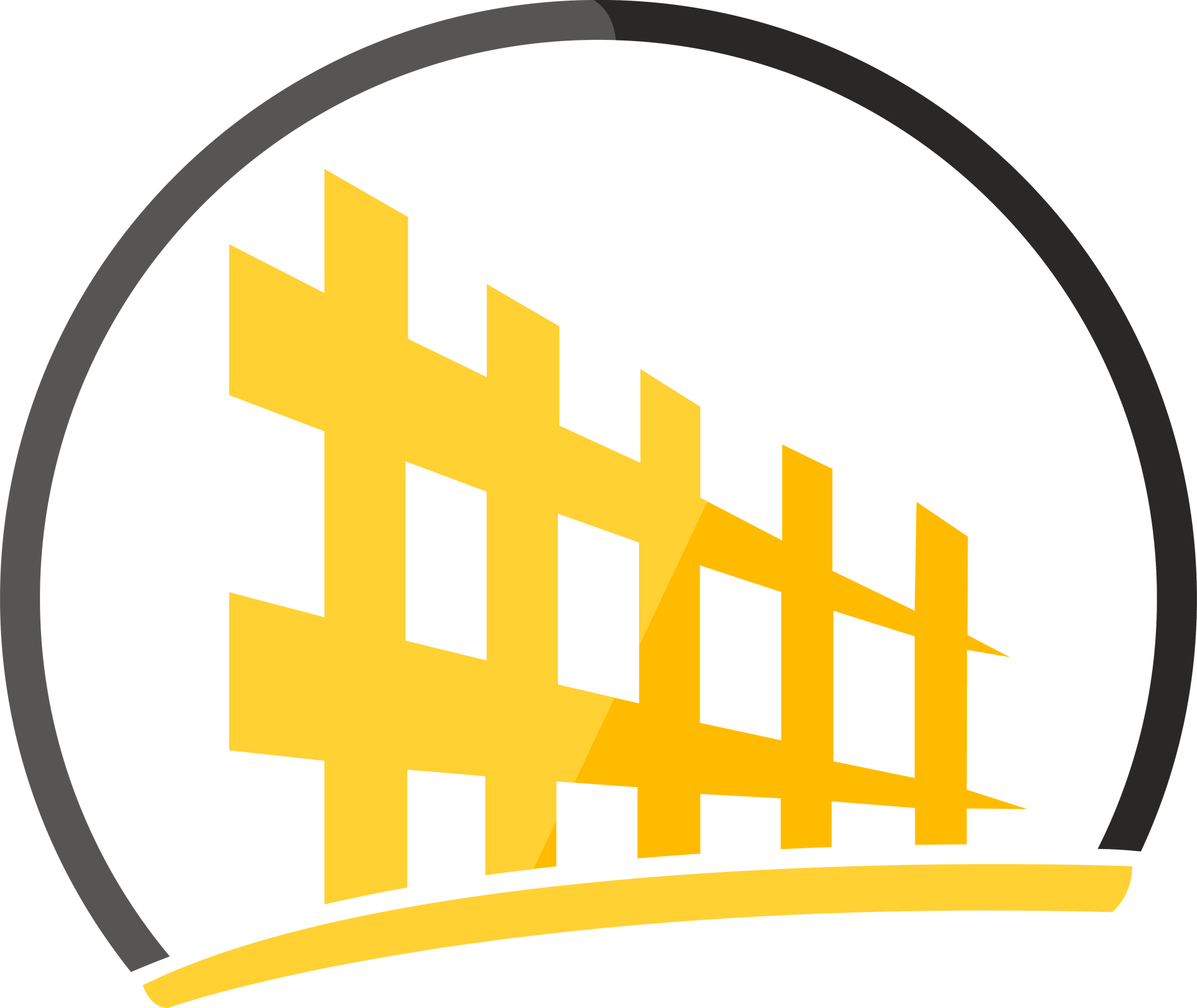 A yellow, stylized fence icon set against a black, semi-circular frame on a white background.
