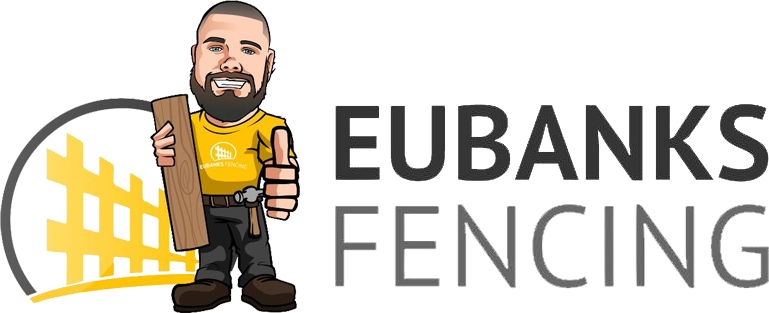 A mascot in a yellow shirt and work pants holding a wooden plank and giving a thumbs up next to the text Eubanks Fencing.