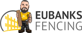 A mascot in a yellow shirt and work pants holding a wooden plank and giving a thumbs up next to the text Eubanks Fencing.