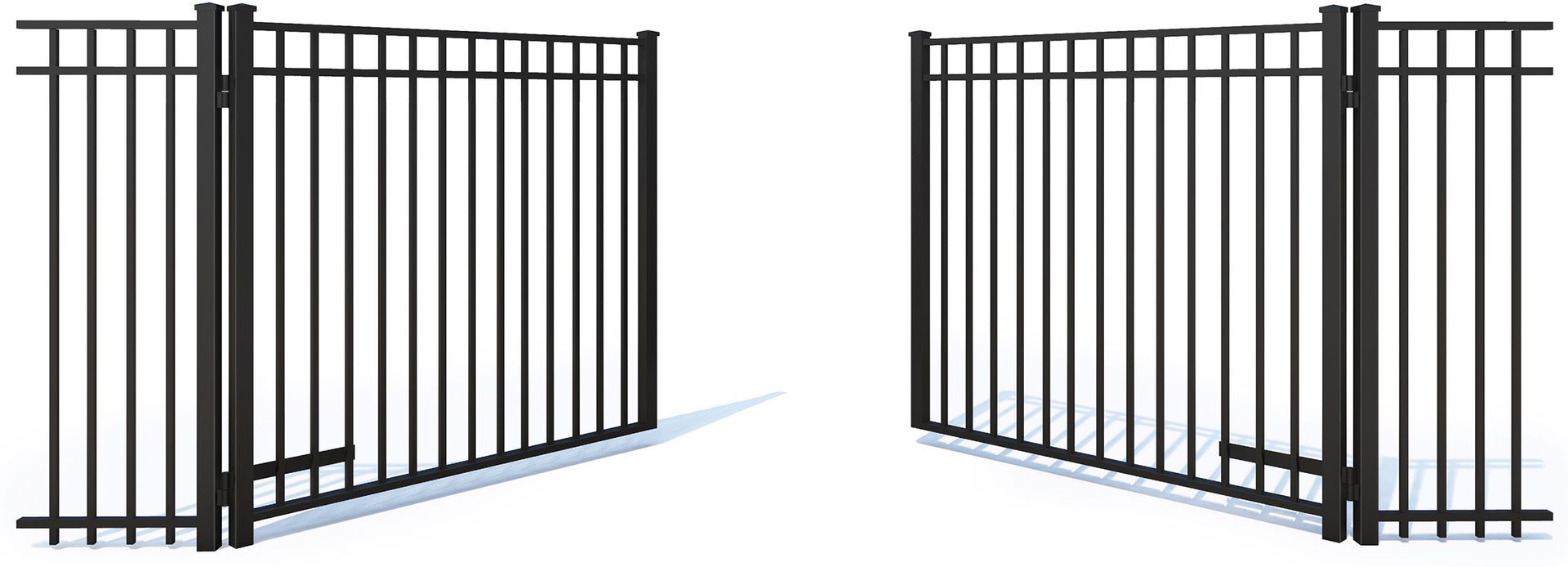 Two black metal swinging gate panels standing open against a white background.