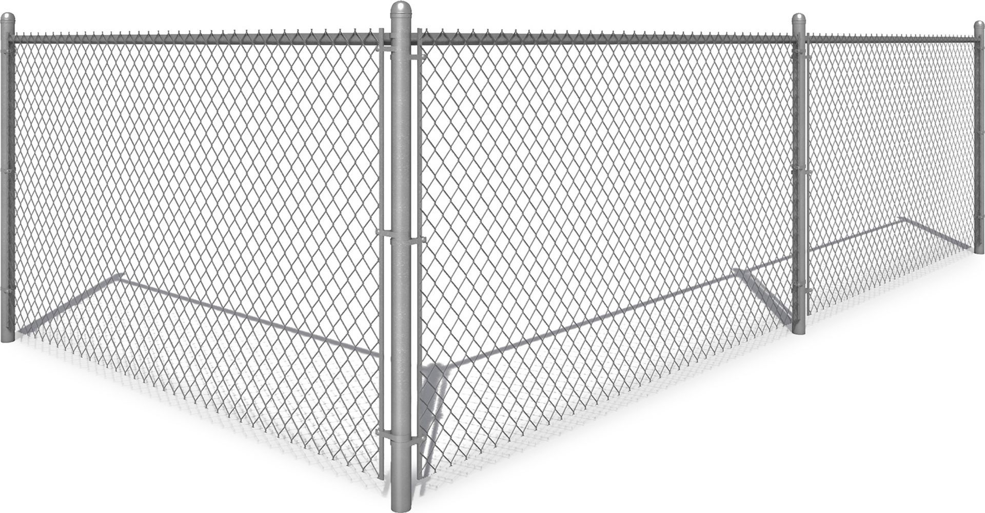 A corner section of a silver chain-link fence supported by three metal posts against a white background.