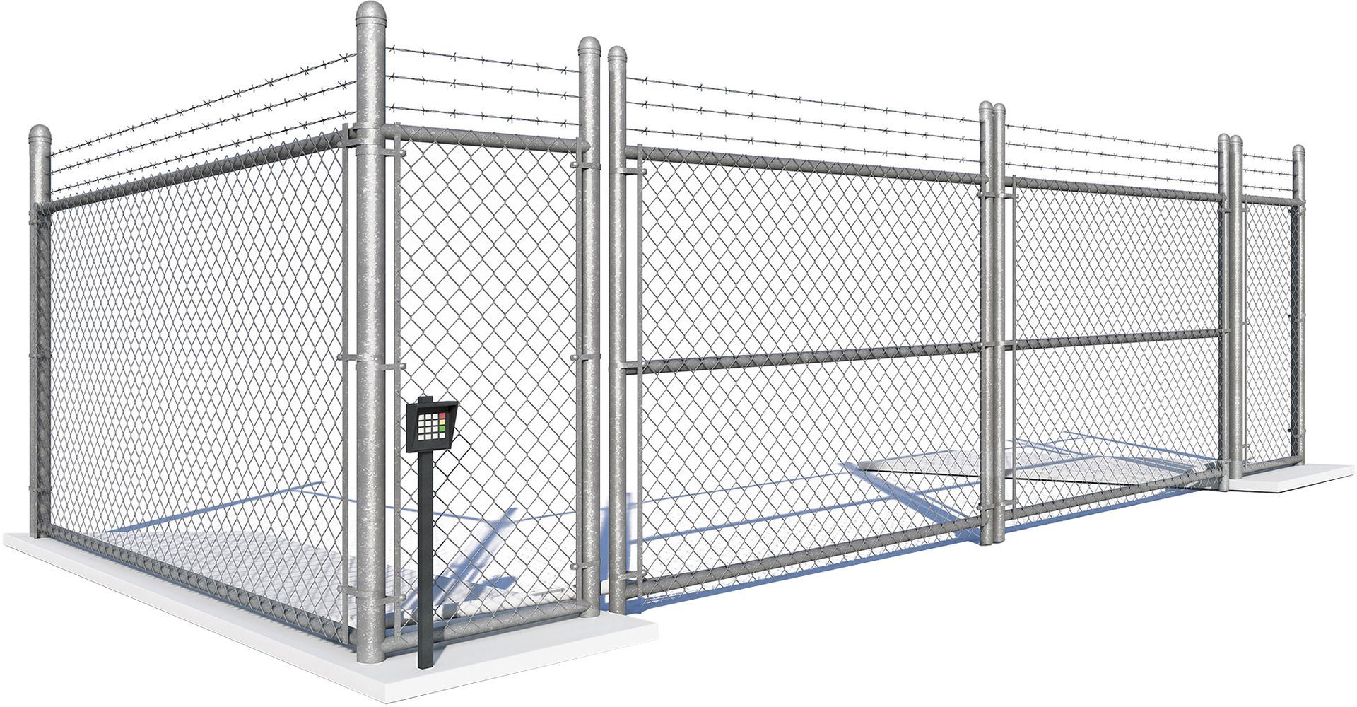 A chain-link security fence with barbed wire on top, enclosing a corner area with a small pedestal mounted on the ground.