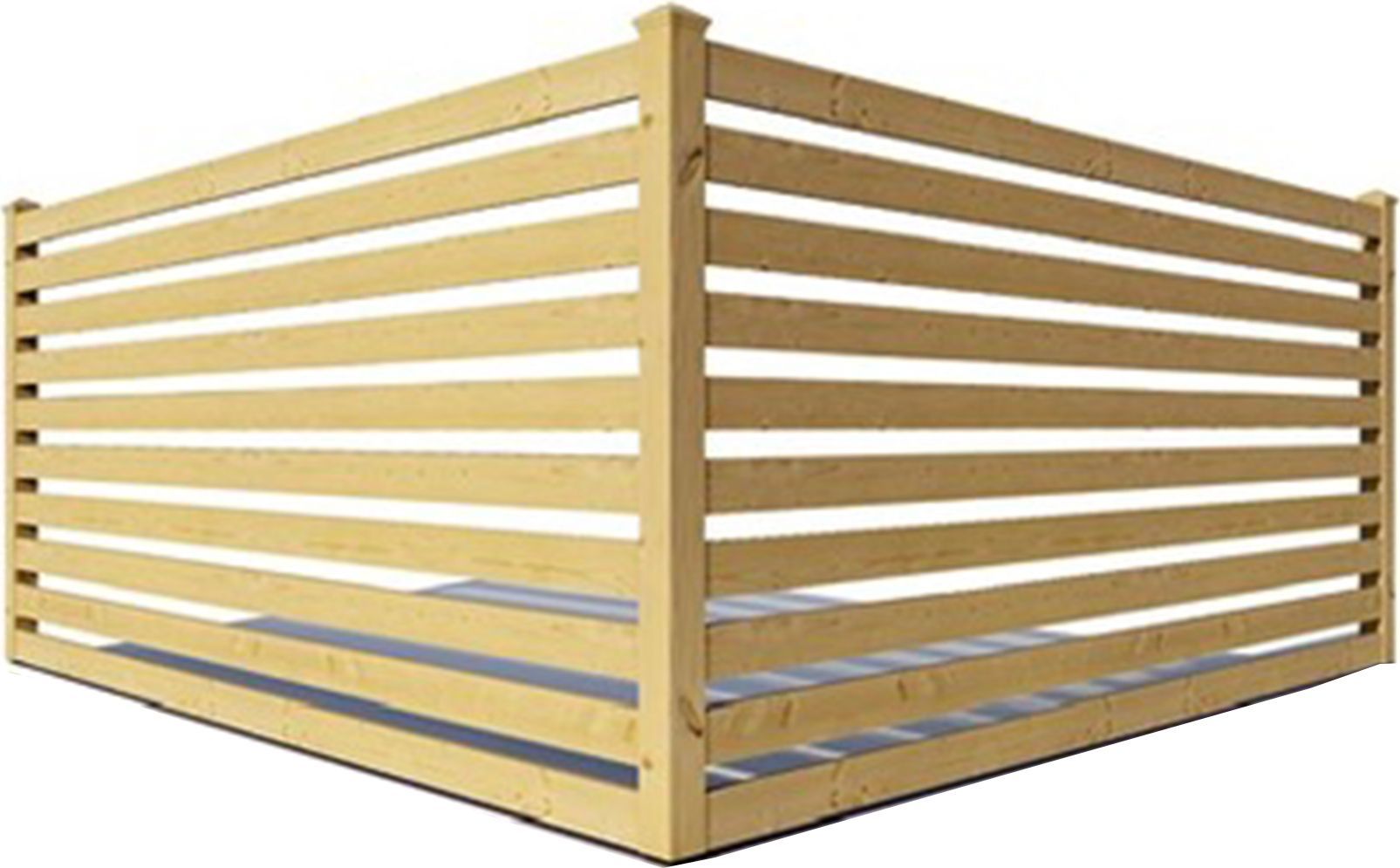 A corner section of a light-colored wooden horizontal slat fence against a white background.