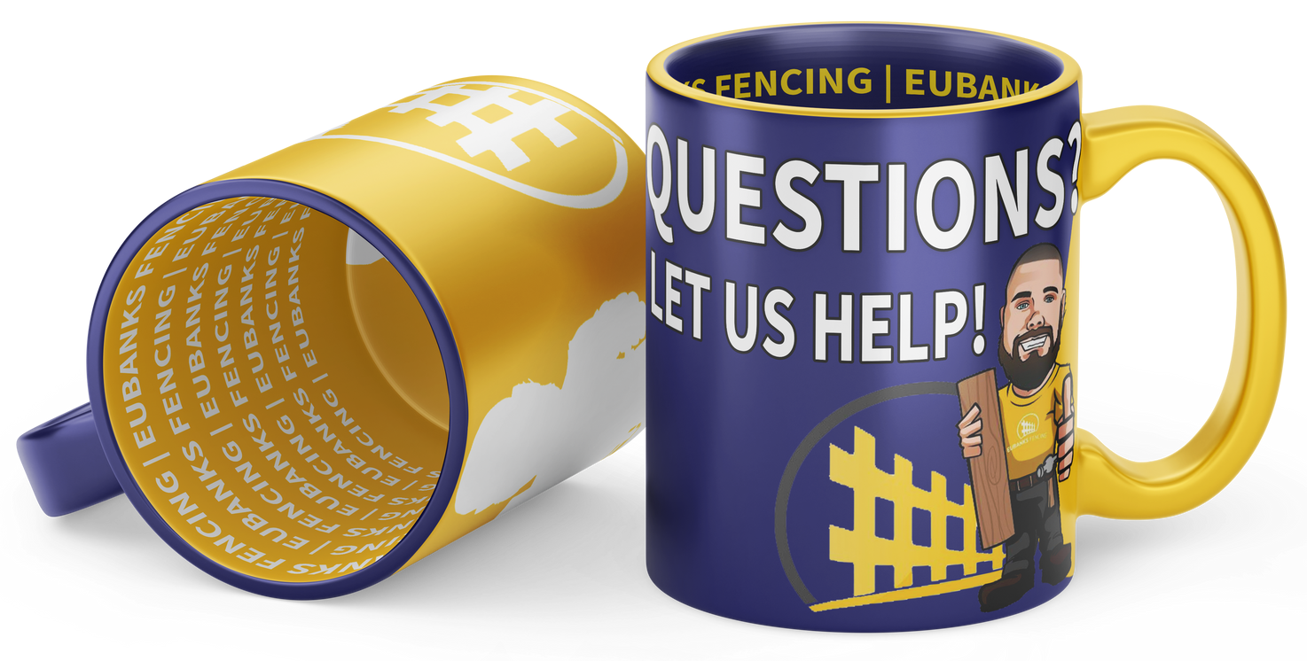Two mugs with blue and yellow branding for Eubanks Fencing, featuring a cartoon worker holding a wooden fence post.