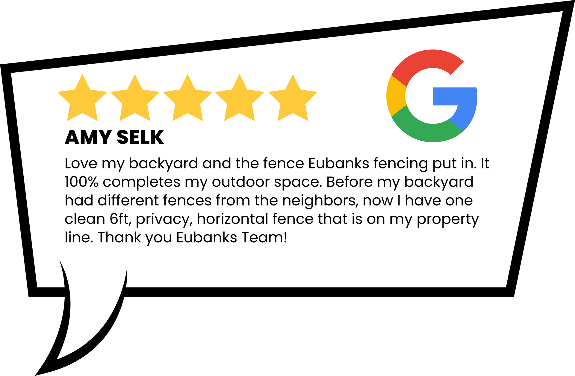 A five-star Google review from Amy Selk praising Eubanks Fencing for a new privacy fence.