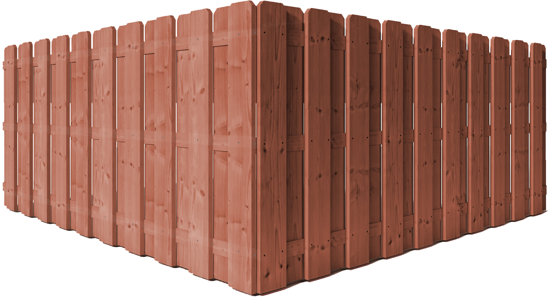 A brown wooden privacy fence corner showing a 90-degree angle with vertical boards.