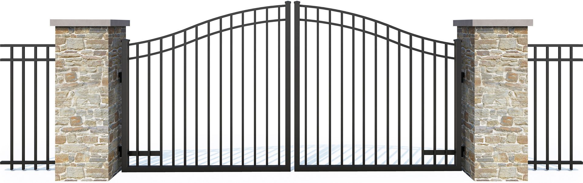A double-panel arched black metal gate flanked by two decorative stone pillars and matching fence sections.