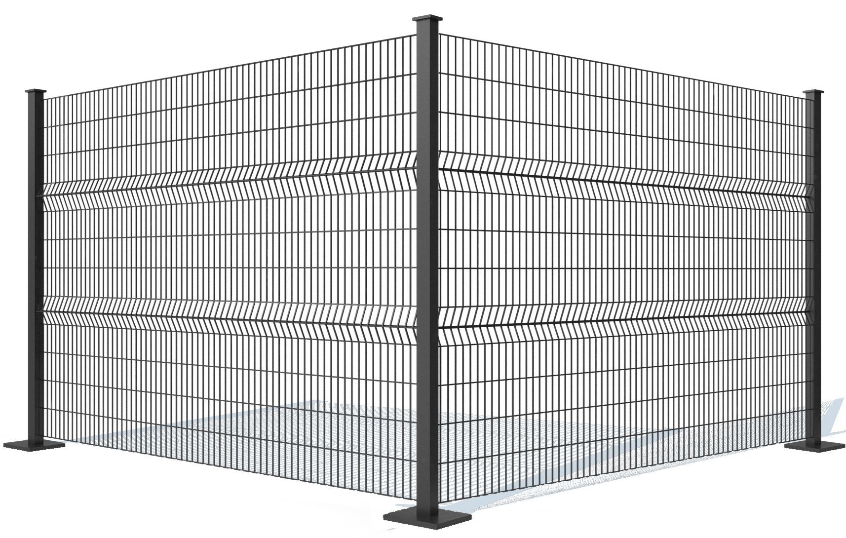 A corner section of a high-security, dark-post mesh fencing system with two horizontal reinforcing ribs.