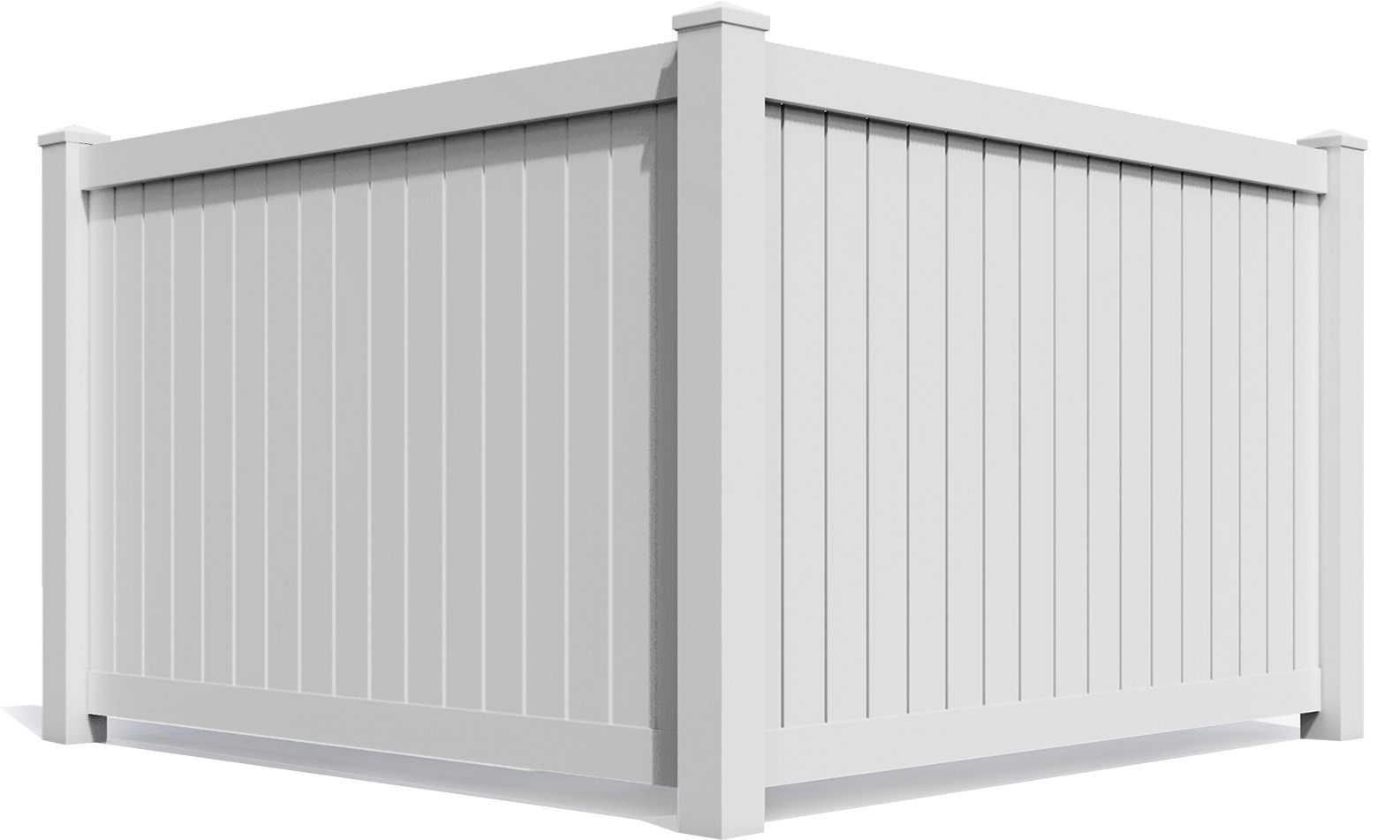 A white vinyl privacy fence corner section with vertical panels and square posts on a plain white background.