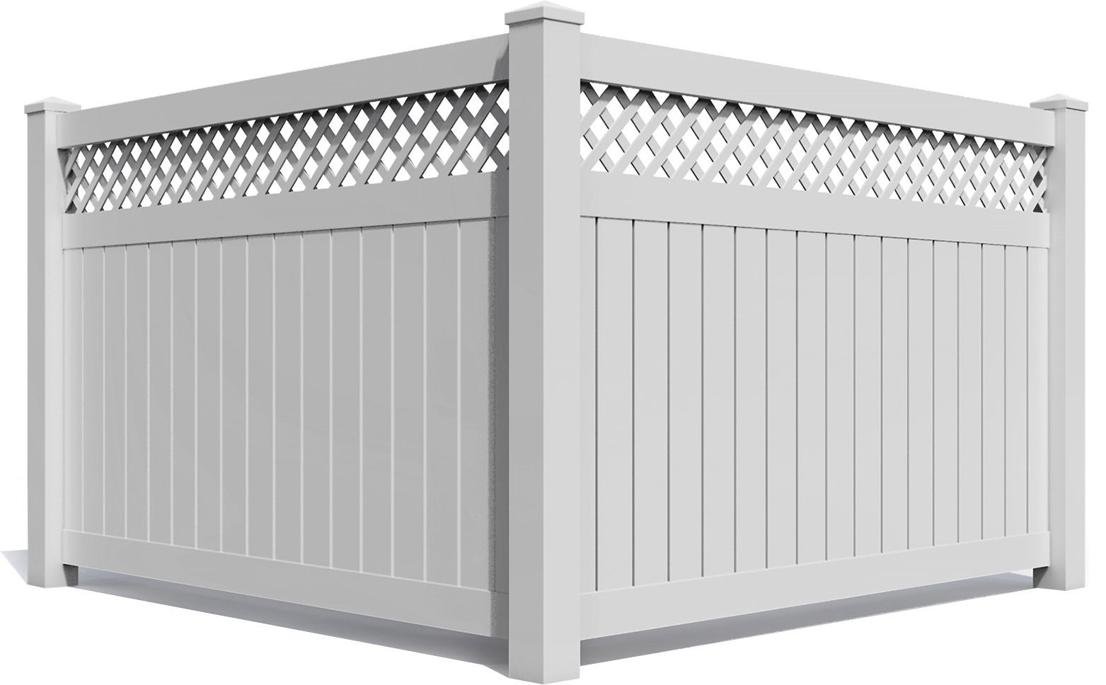 A white vinyl privacy fence corner section with a diamond lattice top design against a plain white background.