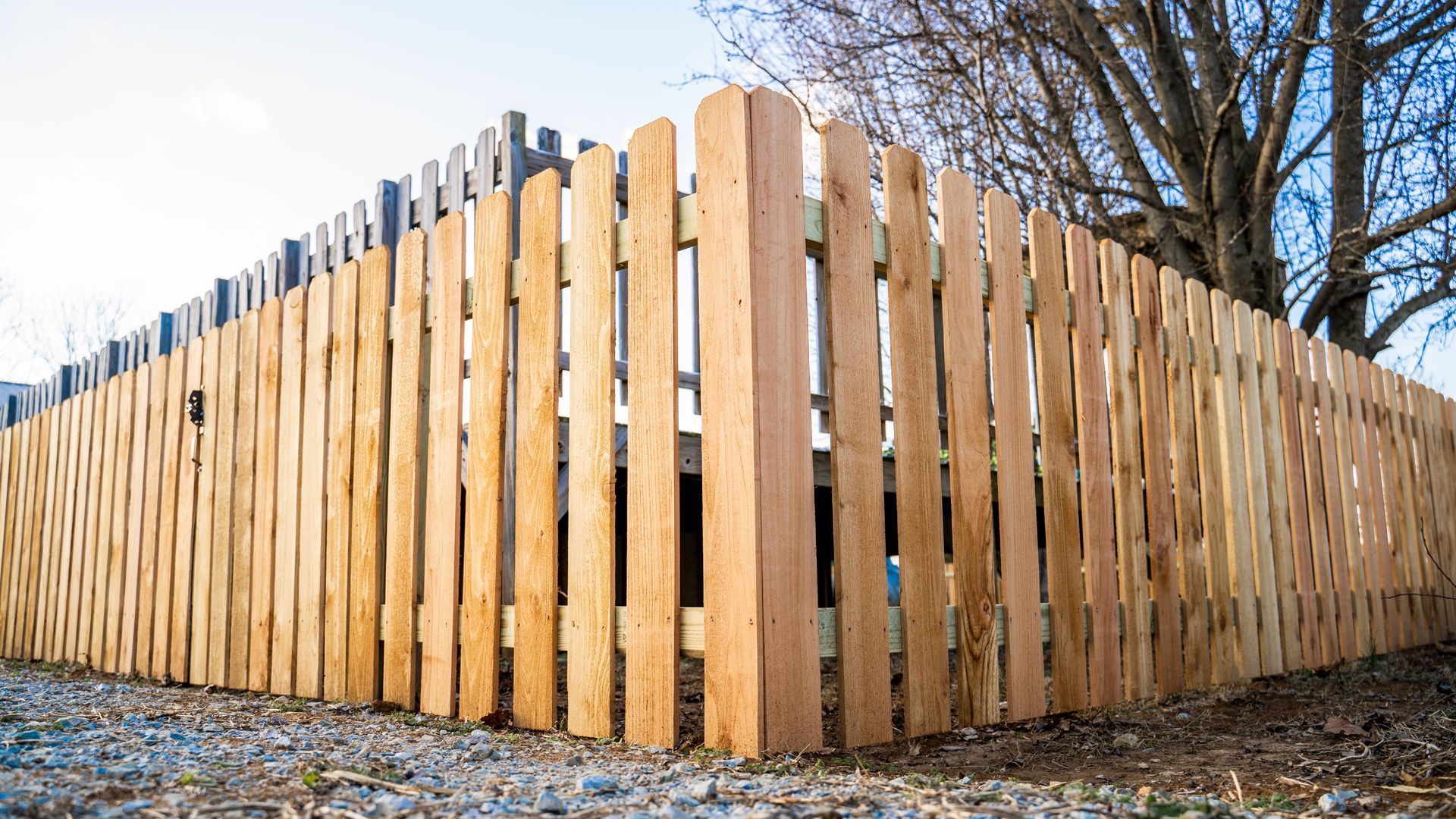 A low-angle view of a new wooden picket fence corner installed against a gravel ground and a bare tree.