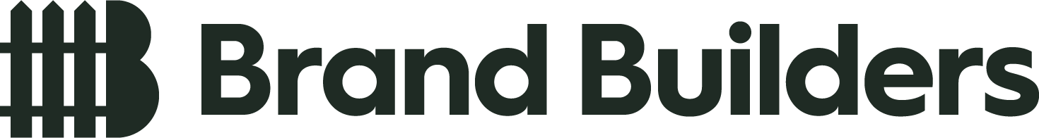Logo for Brand Builders, featuring a stylized letter B composed of vertical fence-like slats in dark green.