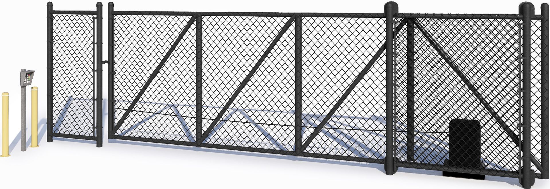 A black chain-link rolling gate system with an access control keypad and pedestal installed on a white background.