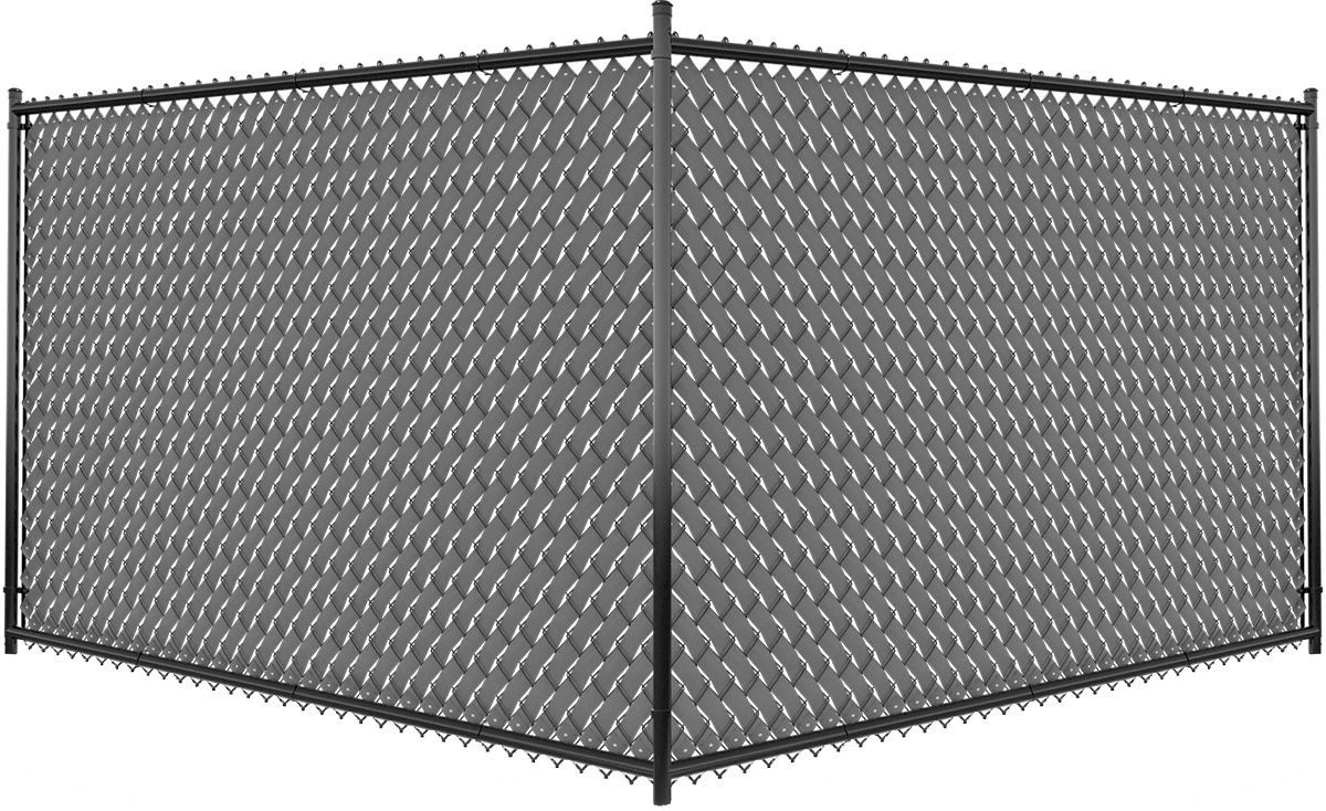 A black chain-link fence corner with dark, privacy-blocking slats installed.