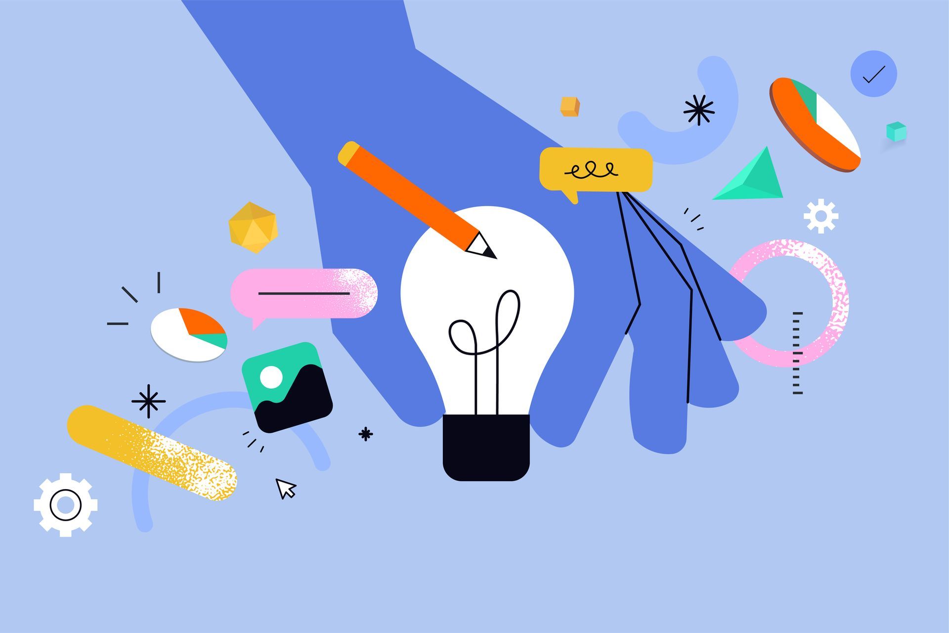 Mano sosteniendo una bombilla con un lápiz, rodeada de formas abstractas coloridas que representan ideas y creatividad.